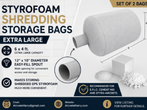 Two x Styrofoam Shredding Storage Bags • Extra Large • Makes Storing Shredded EPS Styrofoam much more Convenient - Recommended for E.P.I.C. Cement Mix & Styro Aircrete - no refund, AircreteHarry.com