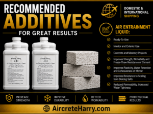 Package Deal: 4-Quarts Air Entrainment Liquid • Improves Strength, workability and freeze-thaw resistance of cement. Plasticity • water retention and cohesiveness of mortar • Reduced permeability • increased water tightness. No refund, AircreteHarry.com