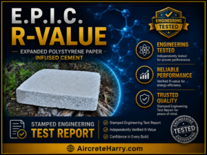 E.P.I.C. Mix R-Value • Expanded Polystyrene Paper Infused Cement • Stamped Engineering Test Report, no refund, AircreteHarry.com