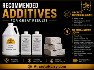 Package Deal: 1-Gallon Aircrete Thickening Agent and 2-Quarts Air Entrainment Liquid • allows you to pour Aircrete Much Higher, Improves Strength • see description for more details, no refund. Recommended for All Cement Work. AircreteHarry.com