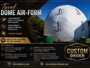 12-ft diameter • 10-ft tall Tyvek Dome Air-Form • 113 square ft • Custom Order, made by Aircrete Harry, no refund. Please reach out via email for purchase inquiries