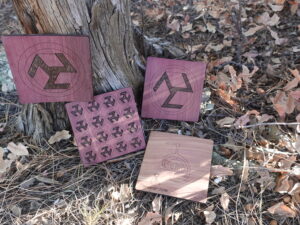 Set of 4 Reiki Boards • Purple Heart, Wenge & Cedar Wood Creation • Selenite Powder imbedded in a Seed of Life Geometry / inside • by Aircrete-Harry (Set 1)