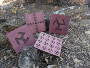 Set of 4 Reiki Boards • Purple Heart, Wenge & Cedar Wood Creation • Selenite Powder imbedded in a Seed of Life Geometry / inside • by Aircrete-Harry (Set 2)