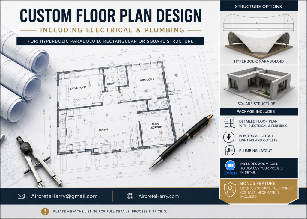 Custom Floor Plans for Hyperbolic Paraboloid, Rectangular & Square Structures | Zoom Consultation & Email Support | Bonus: Structural Engineer Contact Information (See Listing Details) | No Refunds | Request a Quote: AircreteHarry@gmail.com