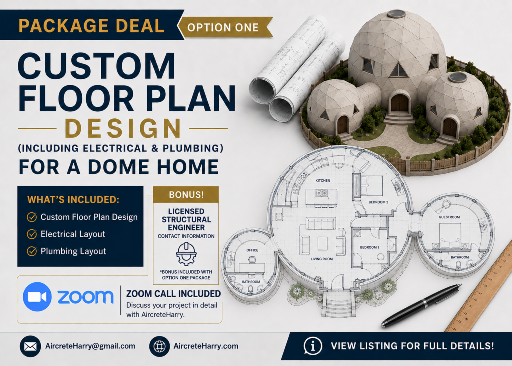 Custom Dome Home Floor Plans with Electrical & Plumbing Layouts | Zoom Consultation & Email Support | Bonus: Structural Engineer Contact Information (See Listing Details) | No Refunds | AircreteHarry.com
