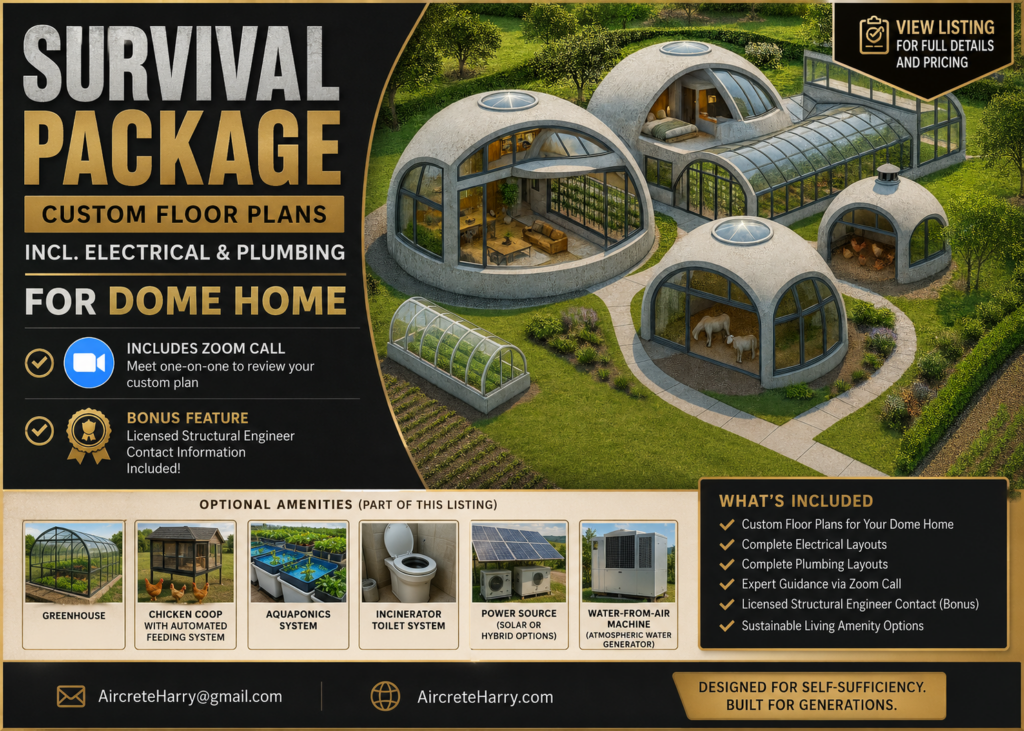 Survival Package | Custom Dome Home Floor Plans with Electrical & Plumbing Layouts | Zoom Consultation & Email Support | Bonus: Structural Engineer Contact Information (See Listing Details) | No Refunds | AircreteHarry.com